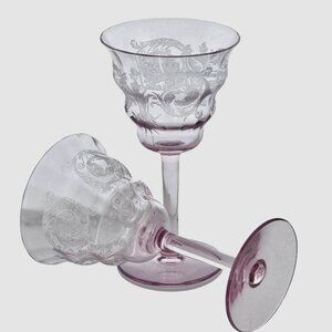 2 Balda Pink Cocktail Glasses by Central Glass 5" etched glass scrolls floral